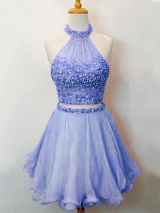 Beautiful Lavender Two Pieces Halter Top Sleeveless Organza Knee Length Lace Up Beading Dama Dress for Quinceanera