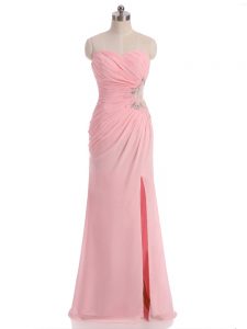 New Arrival Baby Pink Column/Sheath Chiffon Sweetheart Sleeveless Beading and Ruching Floor Length Side Zipper Prom Gown