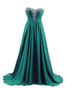 Exceptional Sweetheart Sleeveless Brush Train Lace Up Prom Evening Gown Turquoise Elastic Woven Satin