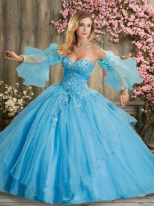Dramatic Baby Blue Sweet 16 Dress Military Ball and Sweet 16 and Quinceanera with Beading Sweetheart Sleeveless Lace Up