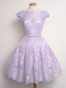 Sophisticated Lace Quinceanera Court Dresses Lavender Lace Up Cap Sleeves Knee Length