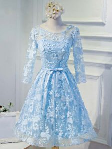 Free and Easy Baby Blue A-line Scoop Long Sleeves Organza Knee Length Lace Up Appliques and Belt Prom Gown
