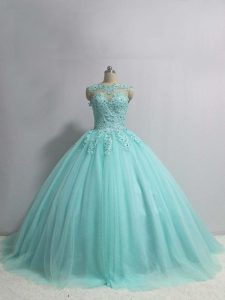 Sleeveless Floor Length Appliques Lace Up Sweet 16 Dress with Aqua Blue