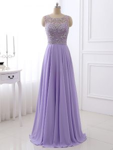 Dazzling Floor Length Zipper Evening Gowns Lavender for Prom and Party and Military Ball and Sweet 16 with Beading