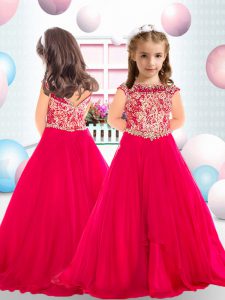 Hot Pink Organza Zipper Little Girl Pageant Gowns Cap Sleeves Floor Length Beading