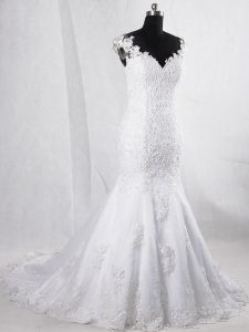 Designer Tulle Sleeveless Wedding Dresses Brush Train and Lace