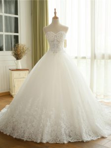 Custom Designed Sweetheart Sleeveless Tulle Wedding Dresses Beading and Lace and Appliques Court Train Lace Up