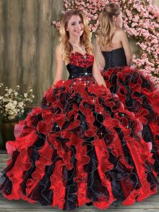 Floor Length Red And Black Sweet 16 Dresses Organza Sleeveless Embroidery and Ruffles