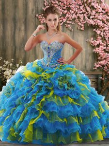 Ideal Multi-color Ball Gowns Sweetheart Sleeveless Organza Brush Train Lace Up Beading and Ruffles Quinceanera Gowns