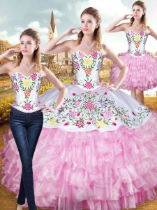 Floor Length Lace Up Sweet 16 Quinceanera Dress Rose Pink for Military Ball and Sweet 16 and Quinceanera with Embroidery
