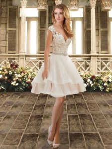 Clearance White Lace Up Dama Dress for Quinceanera Lace and Belt Cap Sleeves Knee Length
