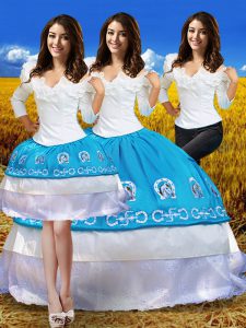 Taffeta Off The Shoulder 3 4 Length Sleeve Lace Up Embroidery and Ruffles Sweet 16 Quinceanera Dress in Blue And White