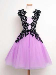 Lilac Tulle Lace Up Wedding Party Dress Sleeveless Knee Length Lace