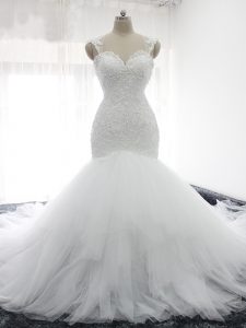 Nice Beading and Ruffles Bridal Gown White Backless Sleeveless Court Train