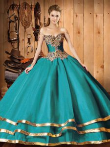 Modern Turquoise Quinceanera Gowns Organza Sweep Train Long Sleeves Beading and Ruffled Layers