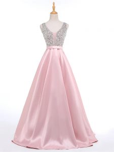 New Style Baby Pink A-line Beading Prom Party Dress Backless Elastic Woven Satin Sleeveless