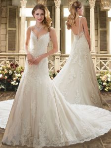 White Tulle Backless Wedding Dresses Sleeveless Court Train Lace