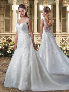 On Sale White Tulle Clasp Handle Straps Sleeveless Wedding Dress Brush Train Lace