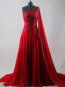 Wine Red Empire Beading and Belt Prom Evening Gown Zipper Chiffon Sleeveless