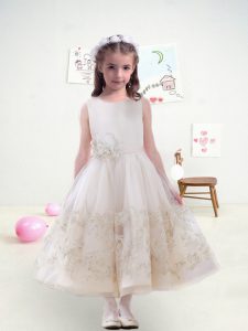 Classical Ankle Length White Flower Girl Dresses Tulle Sleeveless Lace and Belt and Hand Made Flower