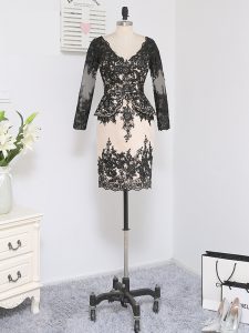 Lace V-neck Long Sleeves Zipper Lace and Appliques Mother Dresses in Black