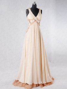 Flare Champagne Chiffon Backless V-neck Sleeveless Homecoming Dress Sweep Train Beading and Lace and Hand Made Flower