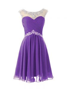 Best Selling Cap Sleeves Knee Length Beading Zipper Prom Homecoming Dress with Eggplant Purple