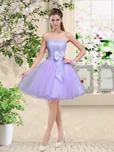 Lilac Sleeveless Lace and Belt Knee Length Bridesmaid Dress