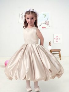 Sumptuous Champagne Ball Gowns Taffeta Scoop Sleeveless Appliques Tea Length Lace Up Toddler Flower Girl Dress