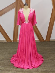 Elegant Hot Pink Empire Lace and Appliques and Pleated Prom Dress Backless Chiffon Half Sleeves