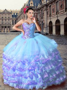 Colorful Sweetheart Sleeveless Court Train Lace Up 15th Birthday Dress Light Blue Organza