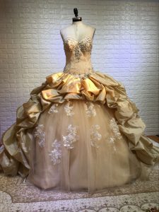 Fantastic Ball Gowns Sleeveless Gold Sweet 16 Quinceanera Dress Court Train Lace Up