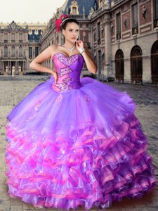 Dazzling Sleeveless Beading and Ruffled Layers Lace Up Ball Gown Prom Dress with Lavender Court Train