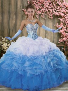 Blue And White Ball Gowns Organza Sweetheart Sleeveless Beading and Ruffles Floor Length Lace Up Quinceanera Gown