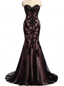 Chic Sleeveless Tulle and Lace Brush Train Lace Up Formal Evening Gowns in Black with Lace and Appliques