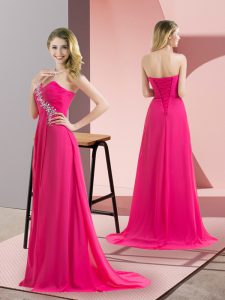 Sleeveless Chiffon Floor Length Lace Up Prom Gown in Hot Pink with Beading