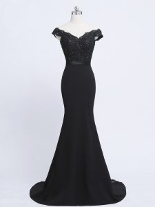 Black Juniors Evening Dress Chiffon and Tulle Brush Train Sleeveless Lace and Appliques and Belt