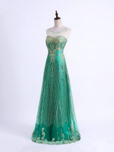 Green Tulle Lace Up Going Out Dresses Sleeveless Floor Length Beading and Appliques