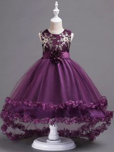 Tulle Sleeveless High Low Kids Pageant Dress and Appliques and Hand Made Flower
