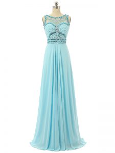 Aqua Blue Chiffon Zipper Scoop Sleeveless Floor Length Prom Party Dress Beading