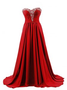 Extravagant Red Homecoming Dress Elastic Woven Satin Brush Train Sleeveless Beading