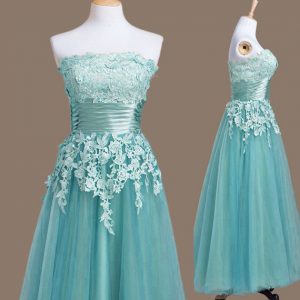 Light Blue Sleeveless Tulle Lace Up Court Dresses for Sweet 16 for Prom and Party and Wedding Party