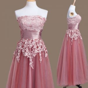 Appliques Dama Dress for Quinceanera Pink Lace Up Sleeveless Tea Length