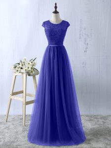 Low Price Blue Empire Tulle Scoop Short Sleeves Lace Floor Length Zipper Homecoming Dress