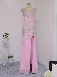 High Quality Lilac Column/Sheath Chiffon V-neck Short Sleeves Beading Floor Length Backless Prom Dresses