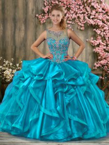 Discount Floor Length Teal Ball Gown Prom Dress Scoop Sleeveless Lace Up