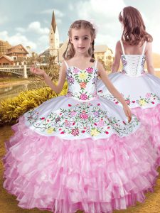 Rose Pink Straps Lace Up Embroidery and Ruffled Layers Pageant Gowns For Girls Sleeveless