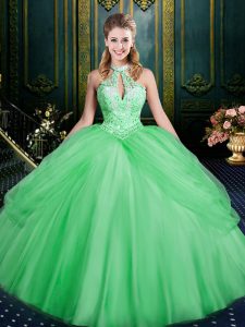 Halter Top Sleeveless Lace Up 15 Quinceanera Dress Green Tulle