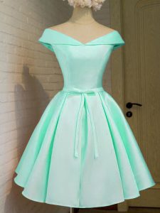 Turquoise Taffeta Zipper Off The Shoulder Cap Sleeves Knee Length Wedding Guest Dresses Belt