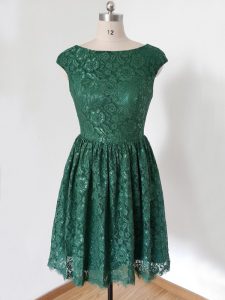 Knee Length Empire Cap Sleeves Dark Green Bridesmaid Dress Lace Up